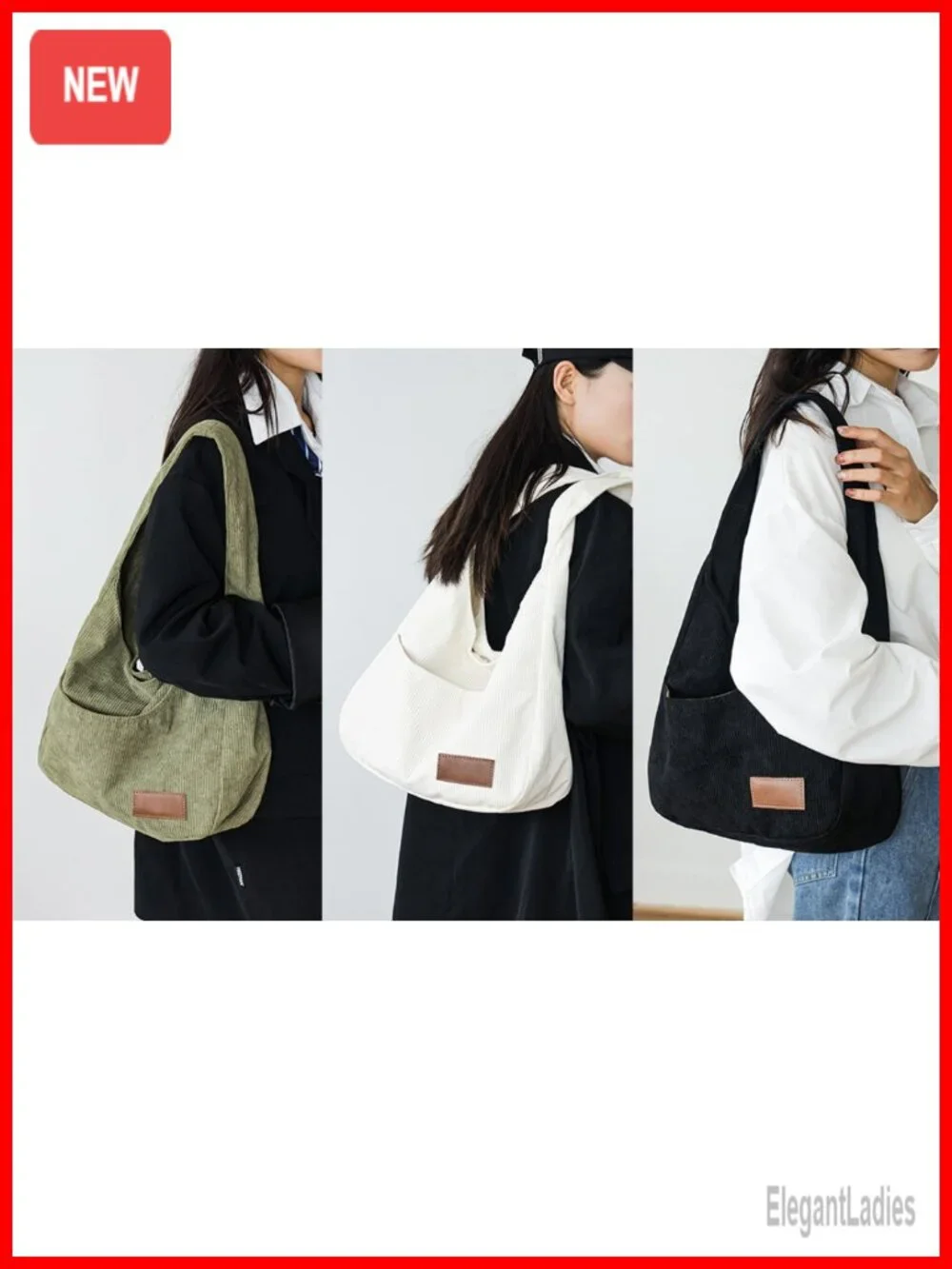 Corduroy Hobo Bag Multiple Pockets Casual College Tote Shoulder Bag